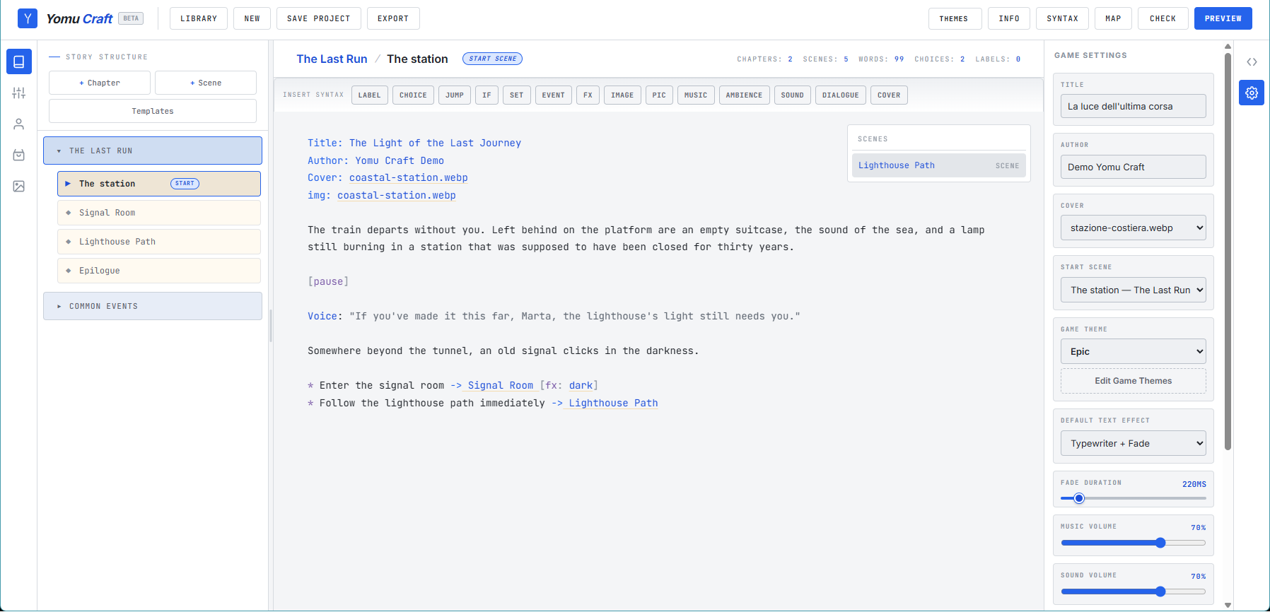 The Yomu Craft editor: story tree, writing space and game settings